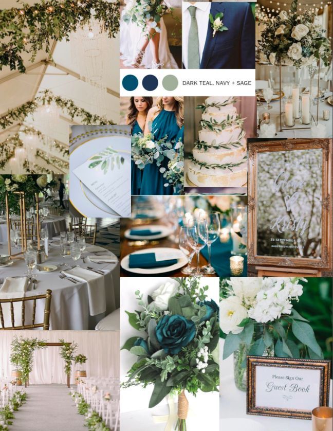 a collage of photos with flowers, greenery and wedding decorations in shades of blue