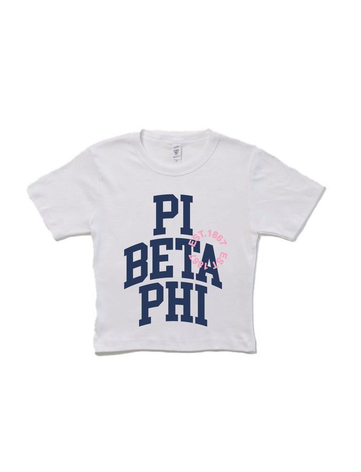 Varsity Sorority Baby Tee – University Tees Sorority Philanthropy Shirts, Theta Merch, Sorority Recruitment Shirts, Sorority Tshirt Designs, Philanthropy Shirts, Sorority Events, University Tees, Big Little Reveal, Sorority Apparel