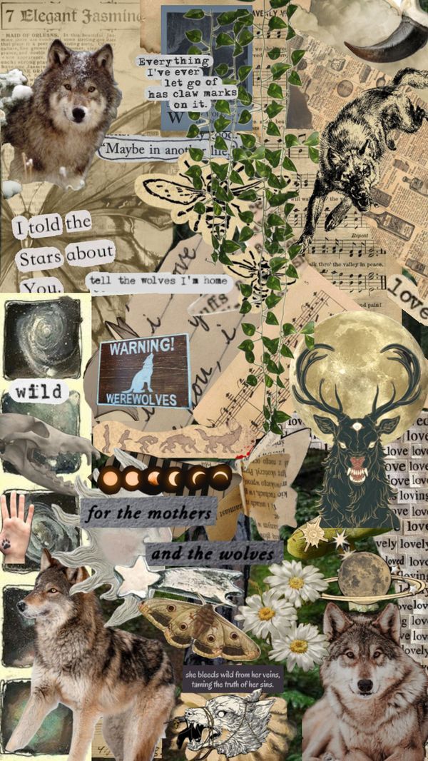 collage with wolf images and words on it