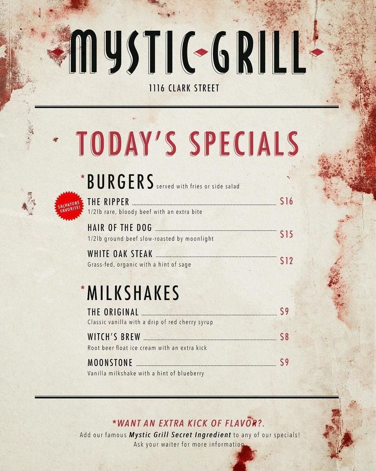 a menu for a restaurant with red stains on it