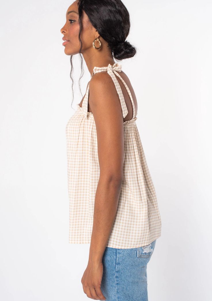 Women's Tank Top - Gingham Tie Shoulder | LOVESTITCH Chic Plaid Summer Tops, Sleeveless Gingham Tops For Day Out, Chic Gingham Tops For The Beach, Chic Plaid Tops For Beach, Chic Plaid Tops For The Beach, Sleeveless Gingham Tank Top For Spring, Summer Plaid Tank Top, Chic Plaid Top With Smocked Back, Casual Spring Tank Top For Picnic