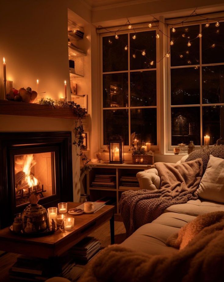 a living room filled with furniture and a fire place in front of a large window