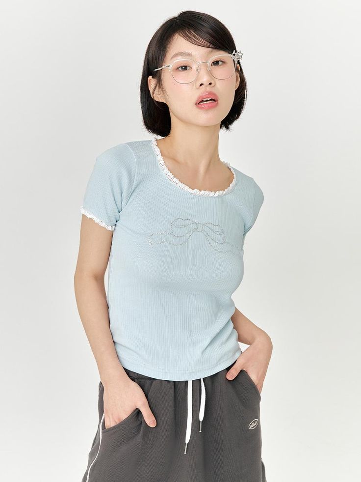 Composition : 95% cotton, 5% spandexCountry of Origin : Republic of Korea Basic Light Blue Cotton Tops, Fitted Blue Cotton Top, Light Blue Basic Cotton Top, Trendy Light Blue Crew Neck Top, Blue Stretch Crew Neck T-shirt, Light Blue Fitted Cotton T-shirt, Fitted Light Blue Cotton T-shirt, Light Blue Cotton Crew Neck Top, Blue Fitted Cotton T-shirt