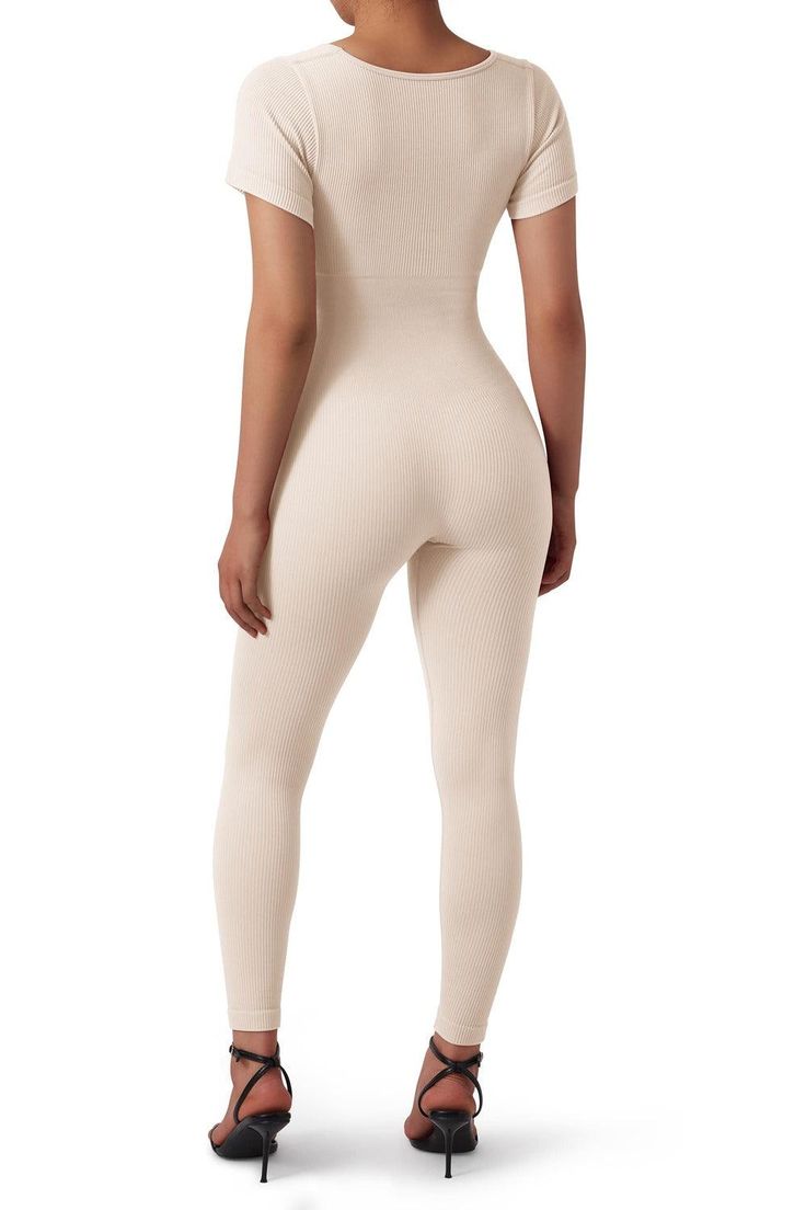 Fabric 90% Nylon, 10% Spandex Feature Stretchy contour fabric & Moisture-wicking Square neckline & Short sleeve Seamless, High waist, Full length This shaping bodysuit is perfect for casual, daily, home, date, shopping, and other occasions. Solid Color Stretch Short Sleeve Jumpsuits And Rompers, High Stretch Shapewear Unitard, Stretch Bodysuit With Lined Body For Loungewear, Fitted Bodysuit With Seamless Construction, Solid Fitted Bodysuit With Seamless Construction, Compression Shapewear Bodysuit, High Stretch Smoothing Bodysuit For Loungewear, Fitted Seamless Shapewear For Workout, Seamless Fitted Shapewear For Workout