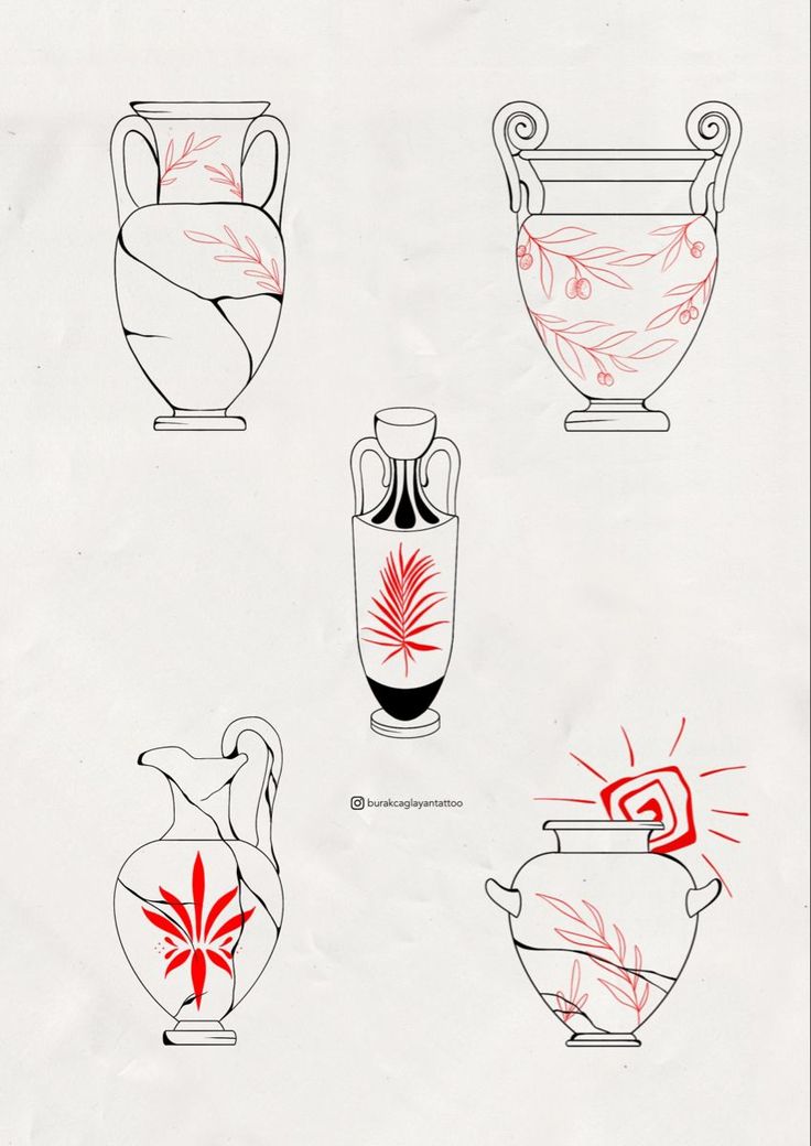 four vases with red designs on them