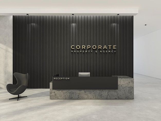 an office lobby with a marble reception desk and black chair in front of the wall