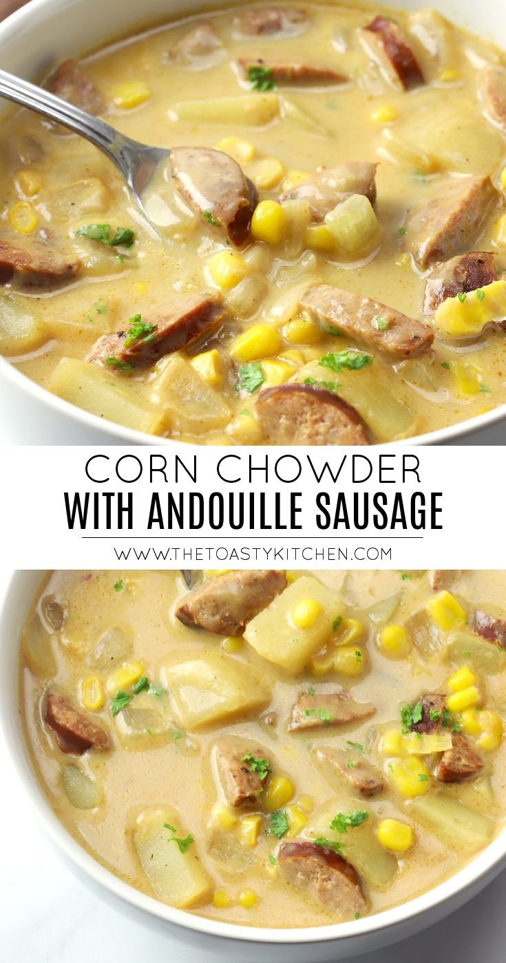 corn chowder with andouille sausage in a white bowl