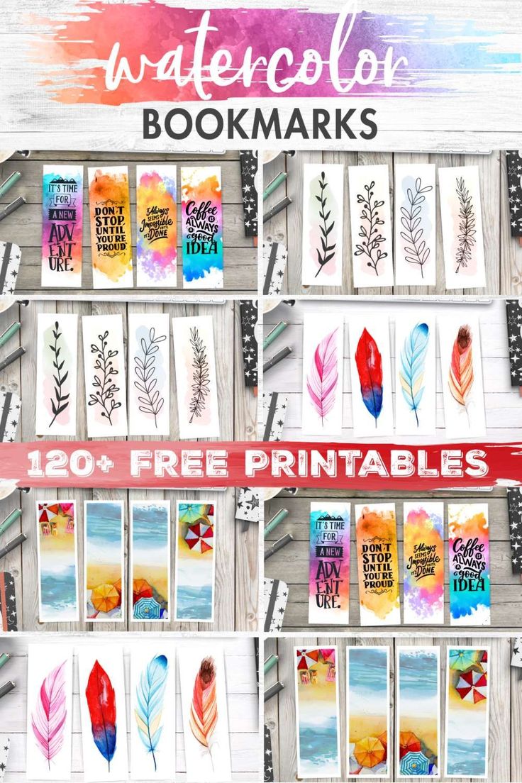 watercolor bookmarks with the text, free printables and images on them