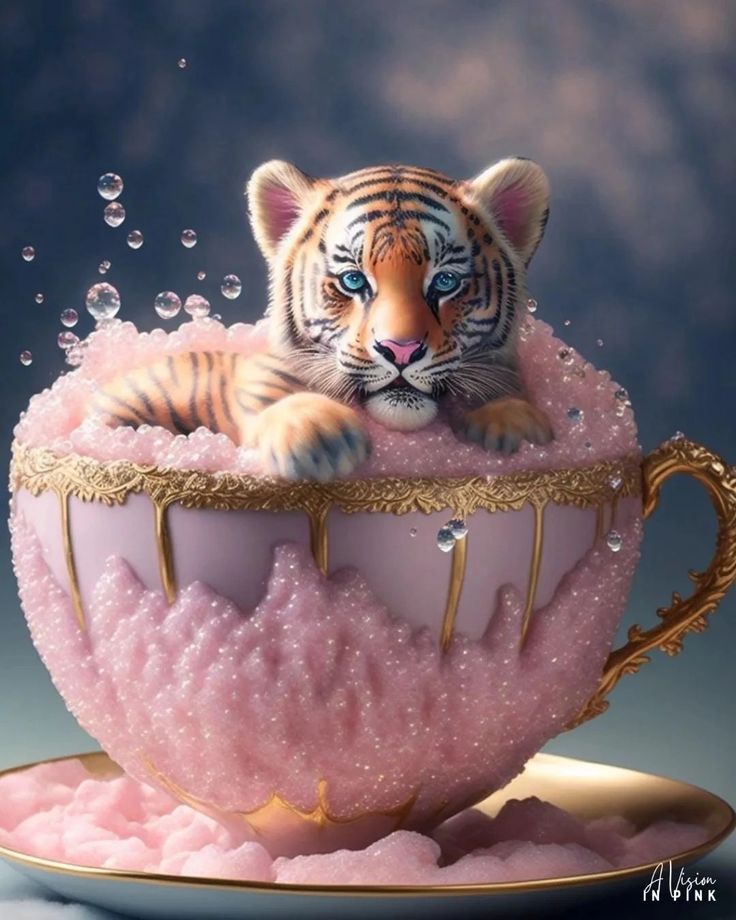 a tiger in a teacup with bubbles coming out of it