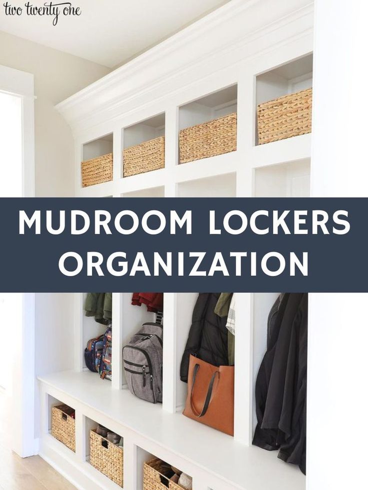 the mudroom lockers are organized with baskets