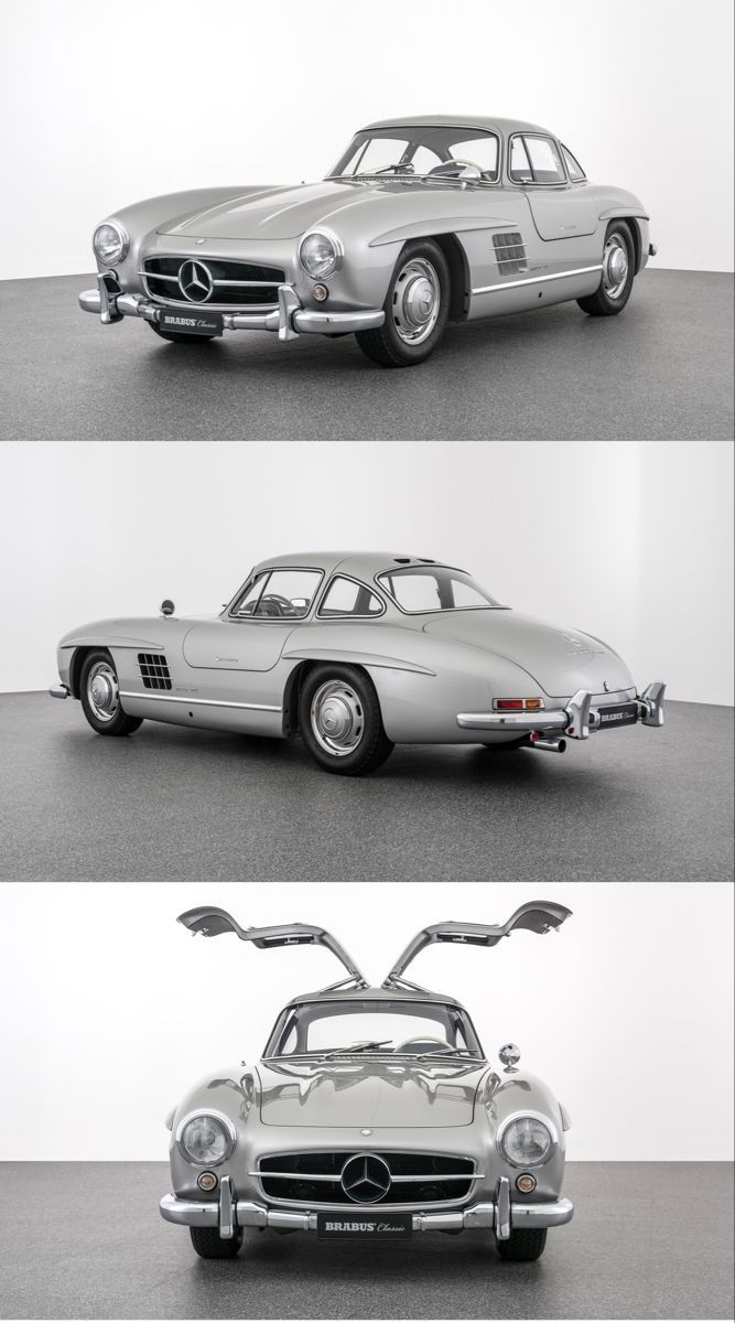 three different views of an old mercedes car