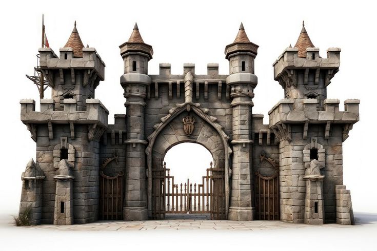 an old castle with gates and towers is shown in this 3d image, it appears to be made out of stone