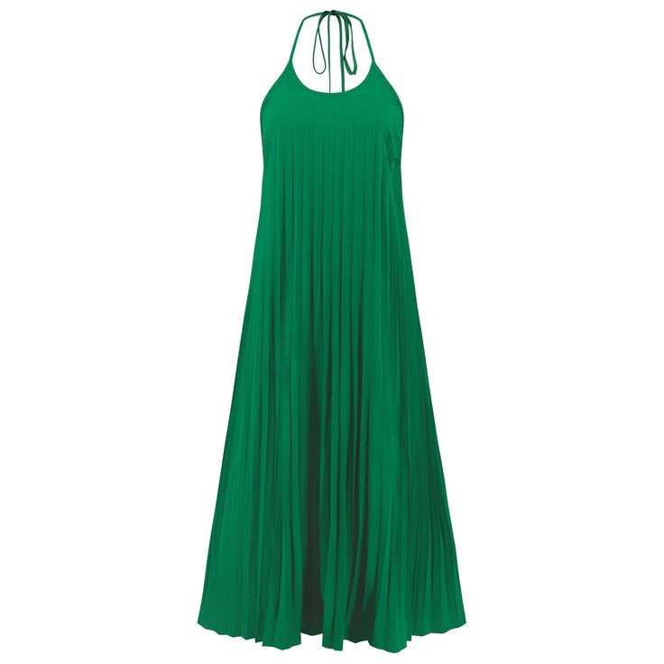 The Eleanor Pleated Halter Maxi Dress in green is the perfect summer statement piece. With its flattering pleated design and halter neckline, this dress effortlessly combines style and comfort. Perfect for any occasion, this dress will make you stand out from the crowd. (Fashion-forward and fuss-free, the Eleanor Pleated Halter Maxi Dress will keep you looking and feeling cool this summer!) Size Guide: Model is 5’8” tall, and has a 33.7” bust, 24.4” waist, & 35.6” hips. She is wearing a S / US 4 / AU 8. This dress is true to size. Material: 100% Polyester. Feature: Halter neck. Sleeveless. Pleated. Plisse Skirt. Maxi length. Care Instructions: Machine wash / Cold hand wash