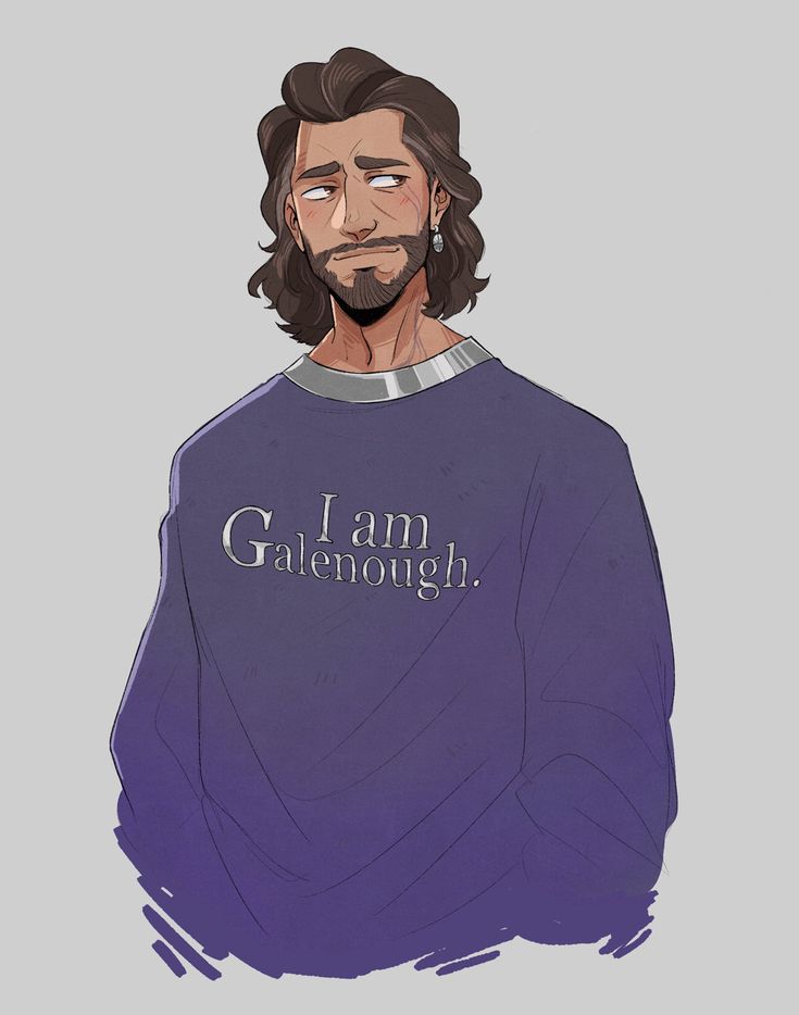 a man with long hair and beard wearing a purple shirt that says i am galaemonong