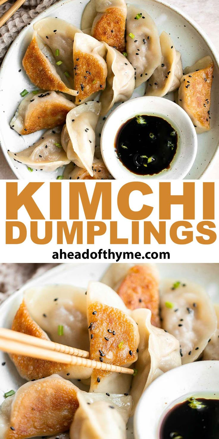 dumplings with dipping sauce and chopsticks on the side