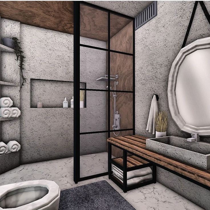 a bathroom with a toilet, sink and mirror in it's corner area next to a shower stall