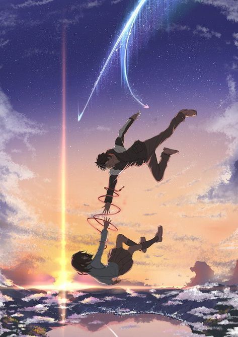 two people flying through the air while holding onto each other in front of a sunset