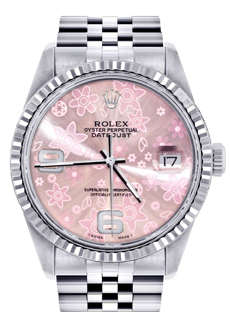 Rolex Datejust 36MM with a Jubilee Band.-Rolex Datejust-White Gold Fluted Bezel-Model #16200-36 Mm Case-Stainless Steel-Custom Pink Flower Dial-Original Jubilee Band-5 Year Warranty-Pre-Owned-Guaranteed Authentic-Original Rolex Automatic Movement-Complete With Box & Certificate of Authenticity Watch Rolex Women, Pink Girly Things Accessories, Rolex Date Just, Rolex Datejust 36mm, Lirika Matoshi, Mens Rolex, Rolex Watches Women, Rolex Women, Rolex Date