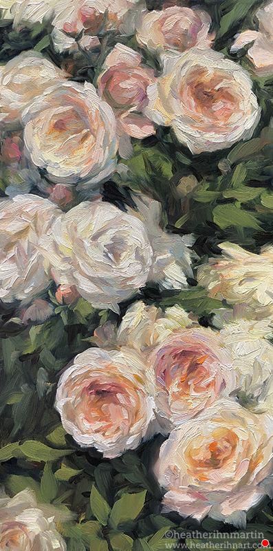 an oil painting of white and pink roses