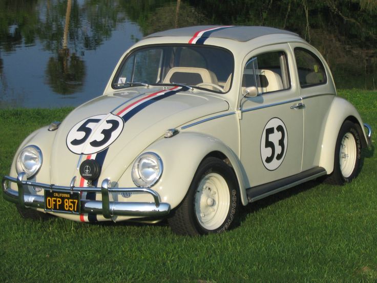 an old vw bug is parked on the grass near water and trees in the background