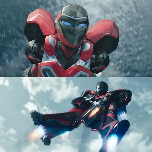 two different images of the same character in an action movie, one is flying through the air