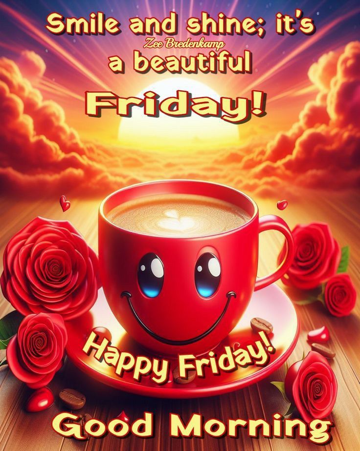 a cup of coffee with roses around it and the words smile and shine it's a beautiful friday happy friday good morning