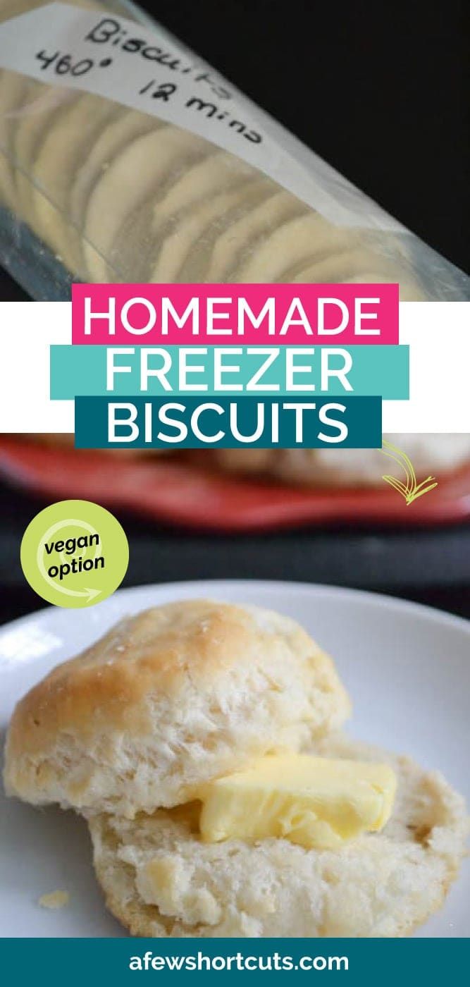 homemade freezer biscuits on a white plate with a bag of biscuits in the background