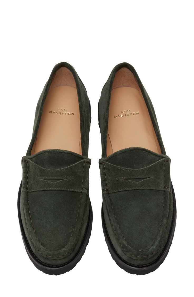 Supple suede brings vintage vibes to a classic penny loafer grounded on a chunky lug sole. 1" heel; 3/4" platform (size 38.5) Leather upper and lining/synthetic sole Made in Italy Ann Mashburn, Loafer Women, Penny Loafer, Penny Loafers, Lug Sole, Vintage Vibes, Penny, Leather Upper, Loafers