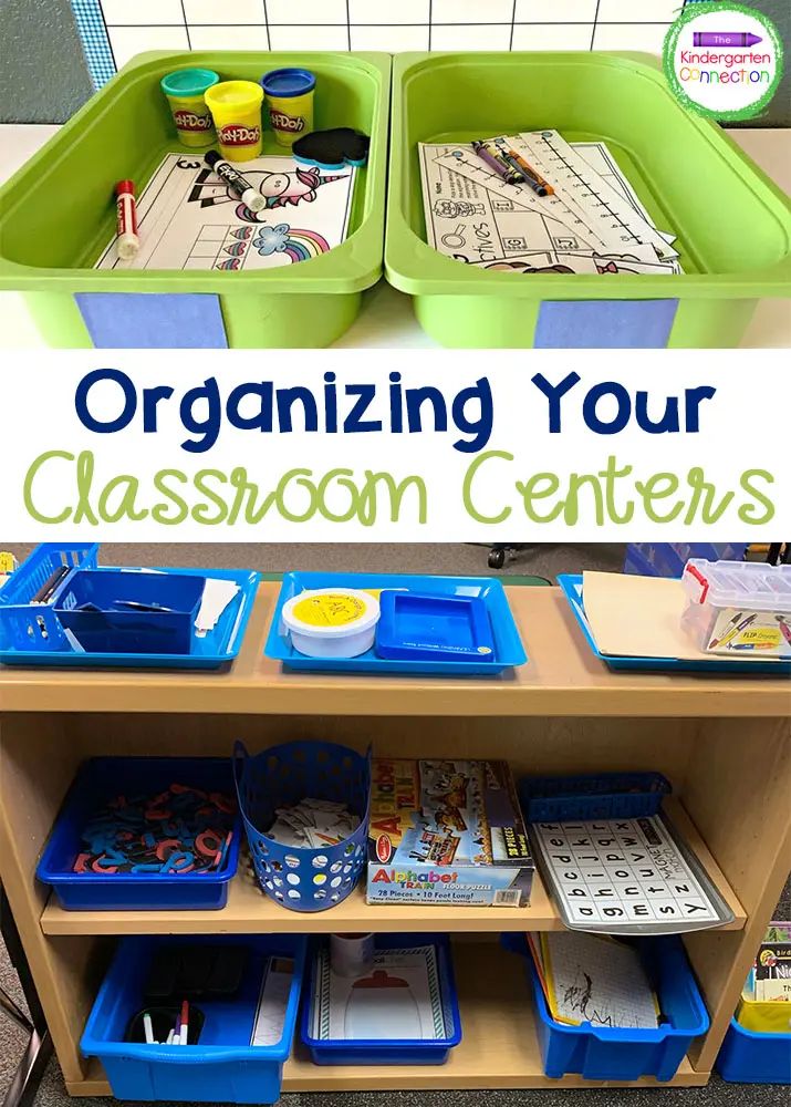 an organized classroom center with blue bins and green trays filled with activities for children