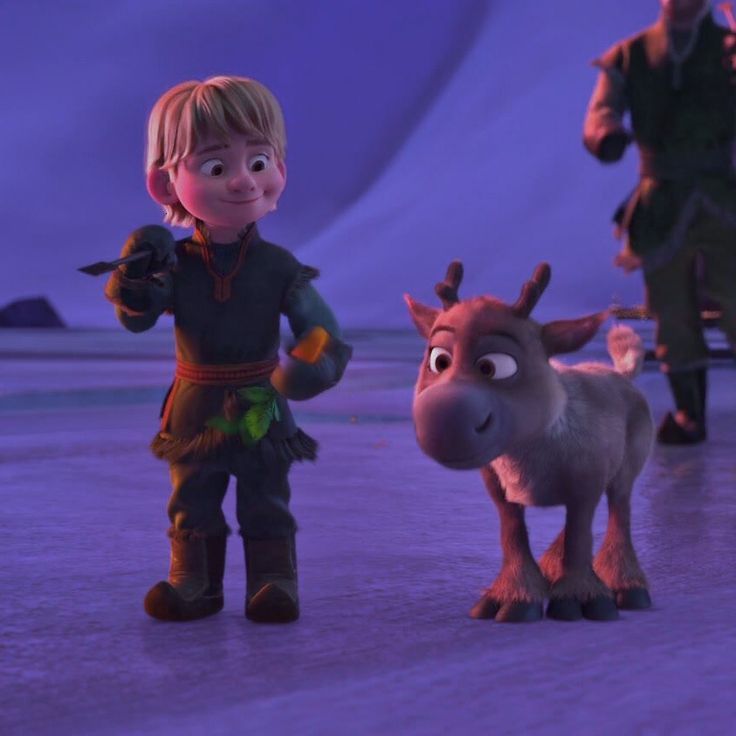 a cartoon character standing next to a goat on top of a snow covered ground in front of two other characters