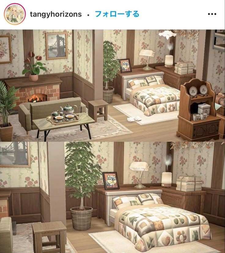 three different views of a bedroom and living room in an animated style, with furniture