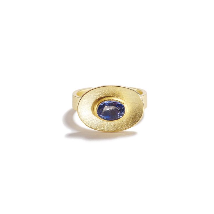 22K & 18K yellow gold, blue faceted oval sapphire • Size 7 (54.51mm) inside circumference • 0.15" (2.54mm) width of band • 0.48" (12.19mm) length, head of ring • 0.69" (17.52mm) width, head of ring • One of a kind Gold Oval Yellow Sapphire Ring, Oval Yellow Sapphire Ring In Gold, Gold Sapphire Ring With Oval Cabochon, Modern Oval Tanzanite Sapphire Ring, Classic Oval Yellow Sapphire Ring, Oval Yellow Sapphire Ring In Yellow Gold, Oval Yellow Sapphire Diamond Ring, Oval Cabochon Sapphire Rings In Yellow Gold, Gold Hand Forged Sapphire Ring