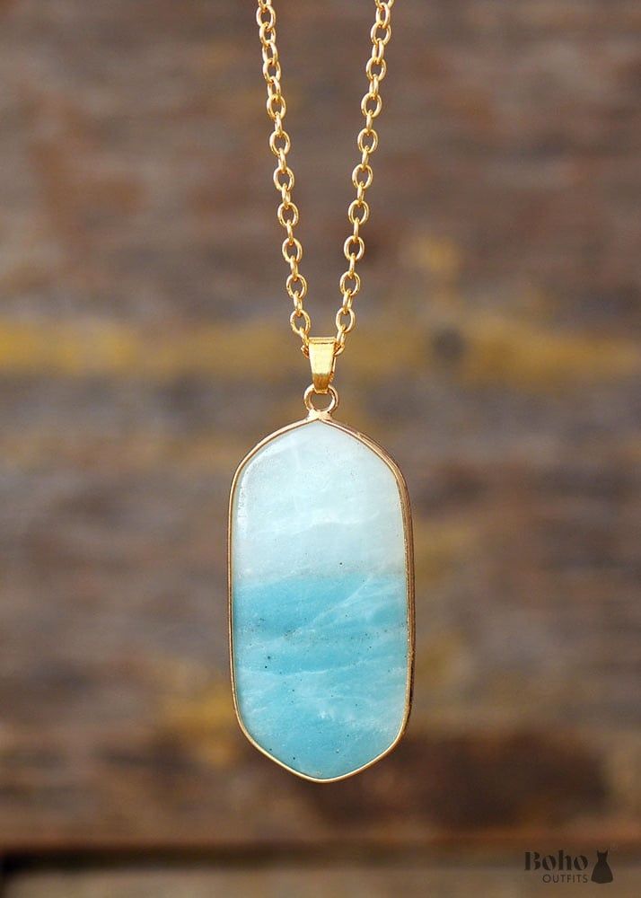 Shop Chic Boho Necklace, Amazonite and Gold Chain Material: Amazonite, Metal Chain Size: 23.7 inches + 2 inches extension Product condition: 100% New and Exquisite Quality Want to see more boho styles? >> View All Boho Jewelry and shop with Boho Dresses on Sale! Sharp Eyes, Amazonite Crystal, Couple Friends, Geometric Pendant Necklace, Boho Accessories, Healing Energy, Gems Jewelry, Gold Chain Necklace, Gold Plated Chains