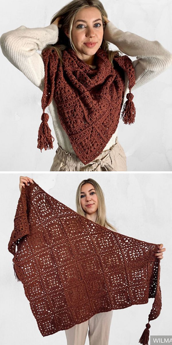 two pictures of a woman holding up a shawl