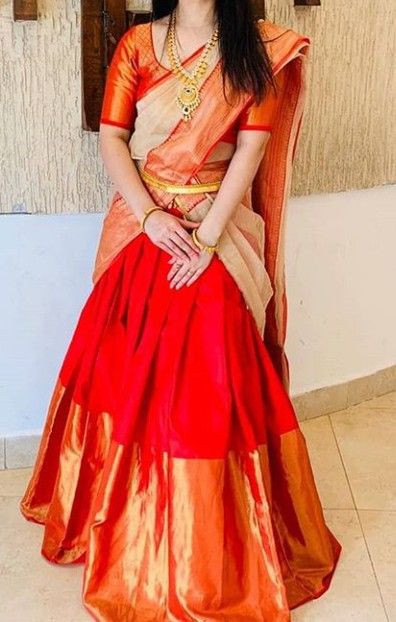 We can customise as per customers orders Red Dhavani, Pattu Half Saree Indian Dresses, Kerala Dhavani, Pattu Half Saree, Pattu Langa, Half Saree Function, Lehenga Saree Design, Saree Wearing Styles, Half Saree Lehenga