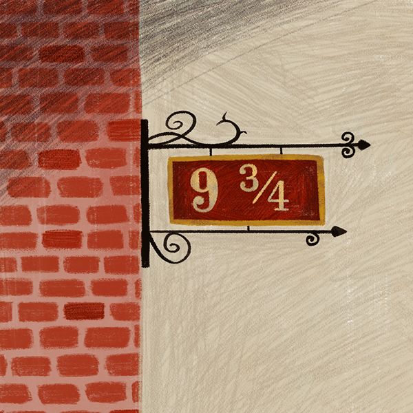 a painting of a brick wall with a sign that reads 9 / 4