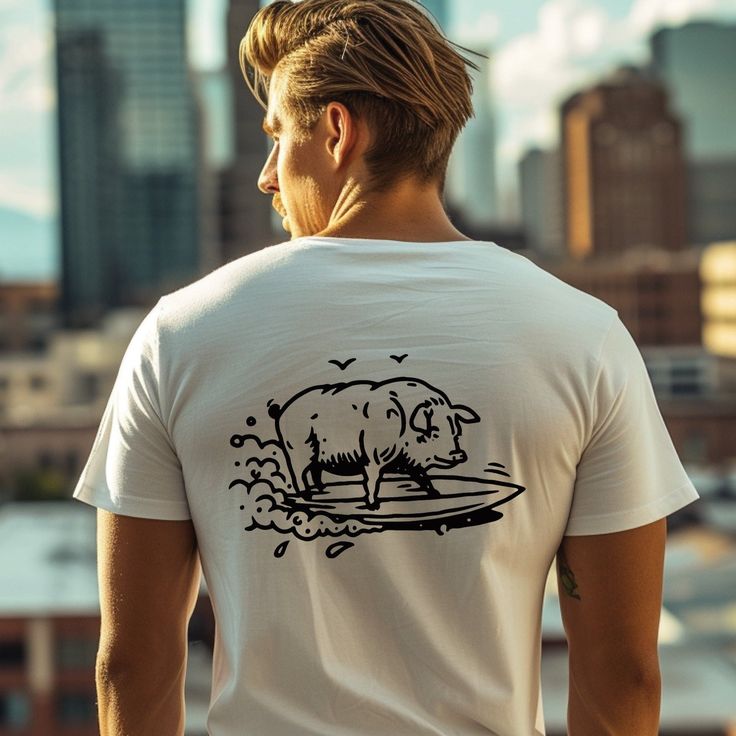 Surfing Swine Tee Shirt - Reuzel Flash Tats, Barber Pole, Beech Tree, Shirt Ideas, Combed Cotton, Travel Size Products, Lighthouse, Tee Shirt, Surfing