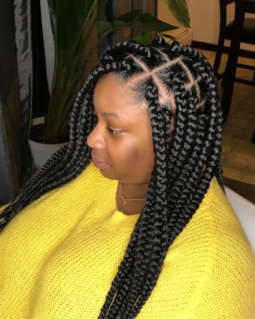 18 Hottest Jumbo Box Braids Hairstyles to Inspire You Box Braids Hairstyles For Black Women Jumbo, Jumbo Braids Side Part, Large Traditional Box Braids, Box Braids Large Parts, Jumbo Box Braids Updo, Thick Box Braids Hairstyles, Long Big Braids, Large Braids For Black Women, Grosse Braids