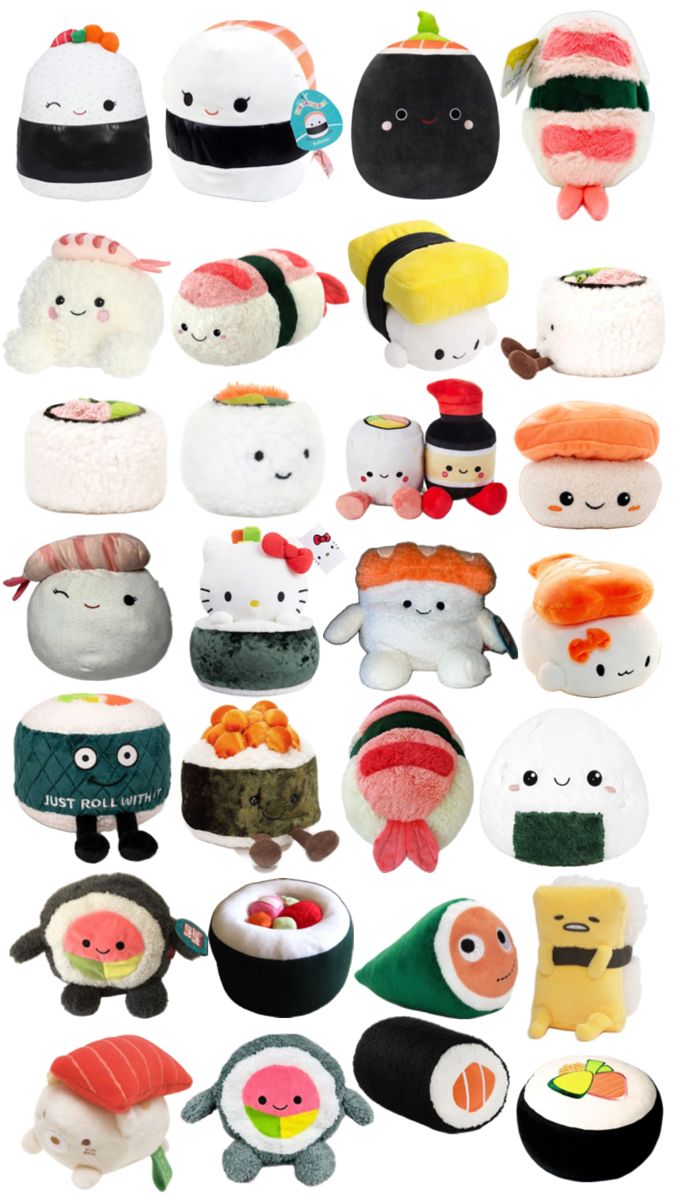 an assortment of sushi stuffed animals are shown