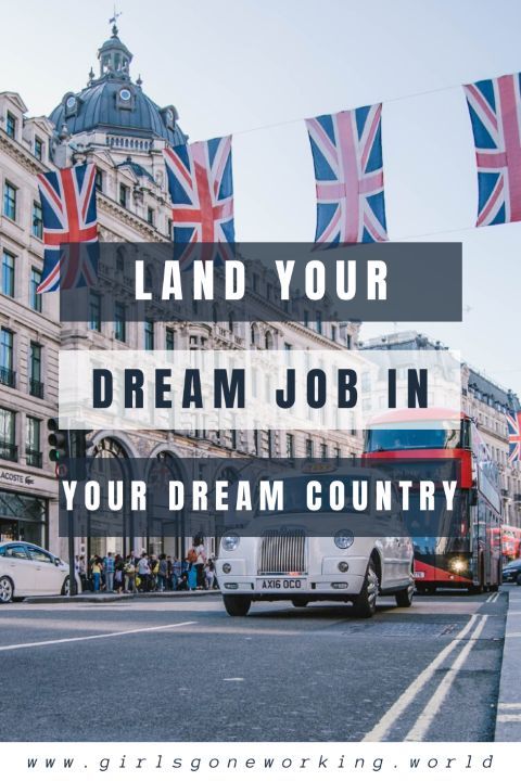 the words land your dream job in your dream country are overlaid by british flags