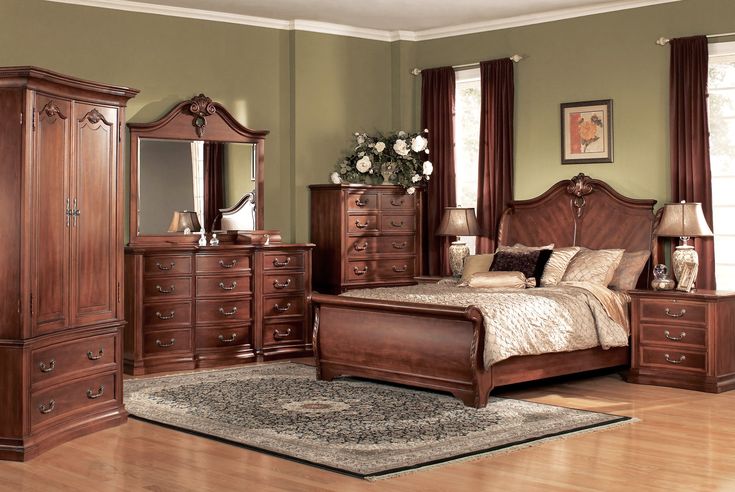 a bedroom scene with focus on the bed, dressers and other furniture in the room