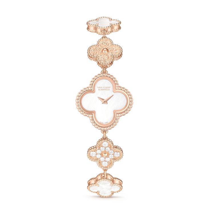 Sweet Alhambra watch Rose gold, Diamond, Mother-of-pearl - Van Cleef & Arpels Alhambra Watch, Alhambra Van Cleef, Van Cleef And Arpels Jewelry, Van Cleef & Arpels, Trendy Watches, Van Cleef And Arpels, Rose Gold Watches, Rose Gold Case, Classy Jewelry