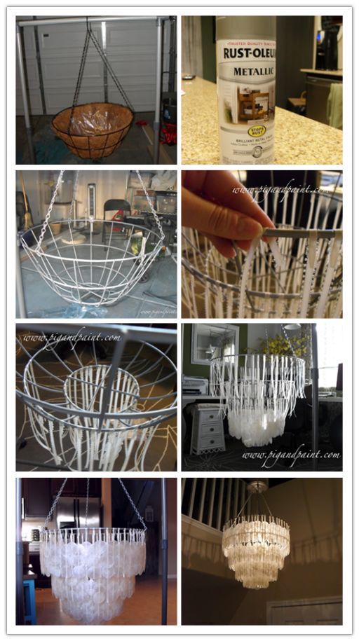 several pictures showing different types of chandeliers in various stages of being assembled and hung