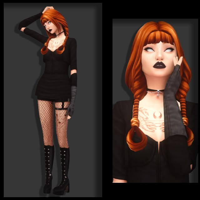 an animated image of a woman with red hair and black stockings, holding her hand to her face