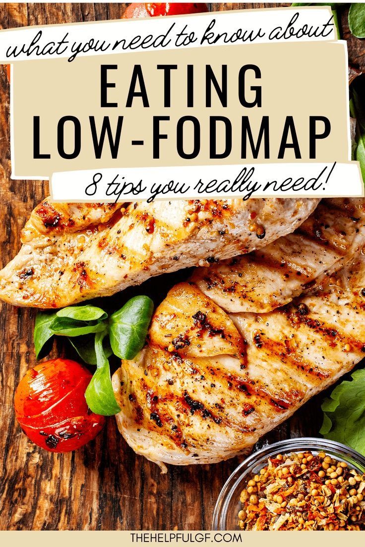 grilled chicken with spinach and tomatoes on the side text reads what you need to know about eating low - fodmap