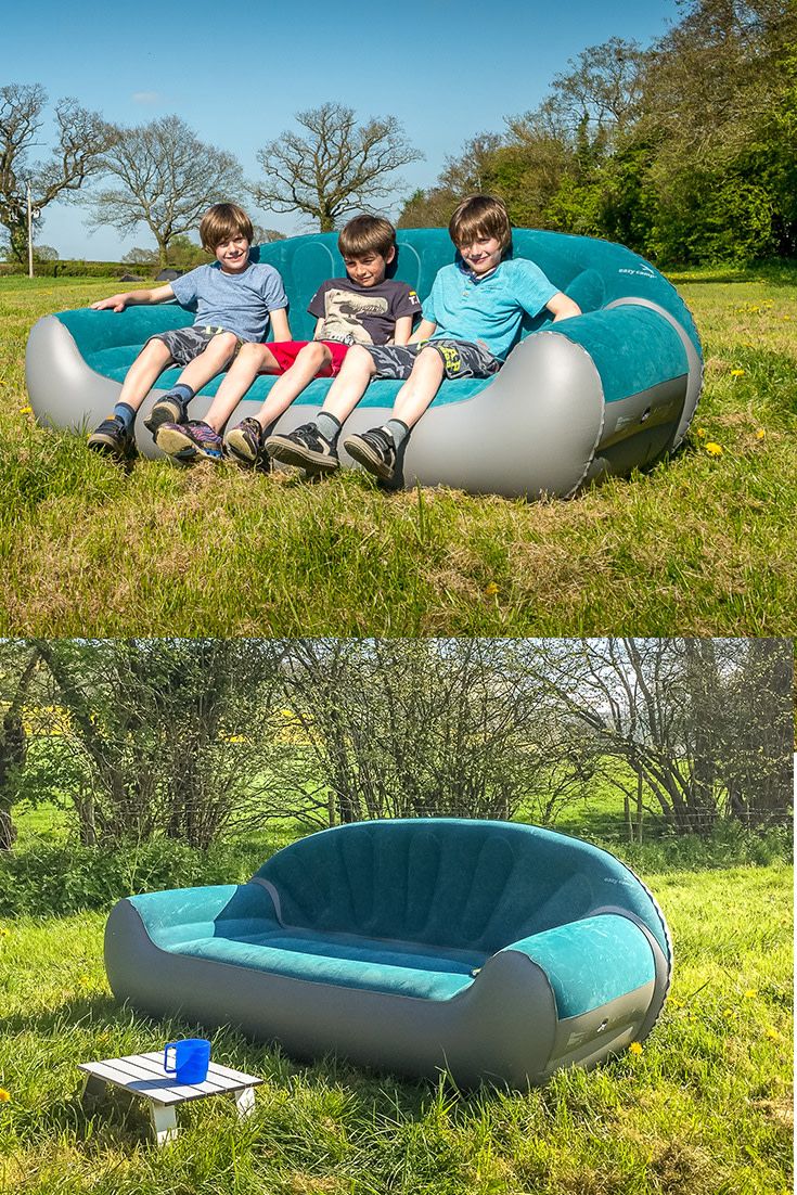 two boys sitting on an inflatable chair and another photo of the same one