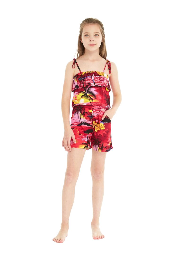 A beautiful Hawaiian print that is perfect for vacation, cruise, luau or Hawaiian themed party or wedding celebration. Red Tropical Printed Swimwear, Red Sleeveless Tropical Swimwear, Red Jumpsuits And Rompers For Beach In Spring, Red Jumpsuits And Rompers For Spring Beach Outings, Red Tropical Print Swimwear For Vacation, Sleeveless Tropical Swimwear For Holidays, Tropical Print Swimwear For Holiday Vacation, Red Tropical Print Swimwear For Summer, Summer Red Printed Swimwear