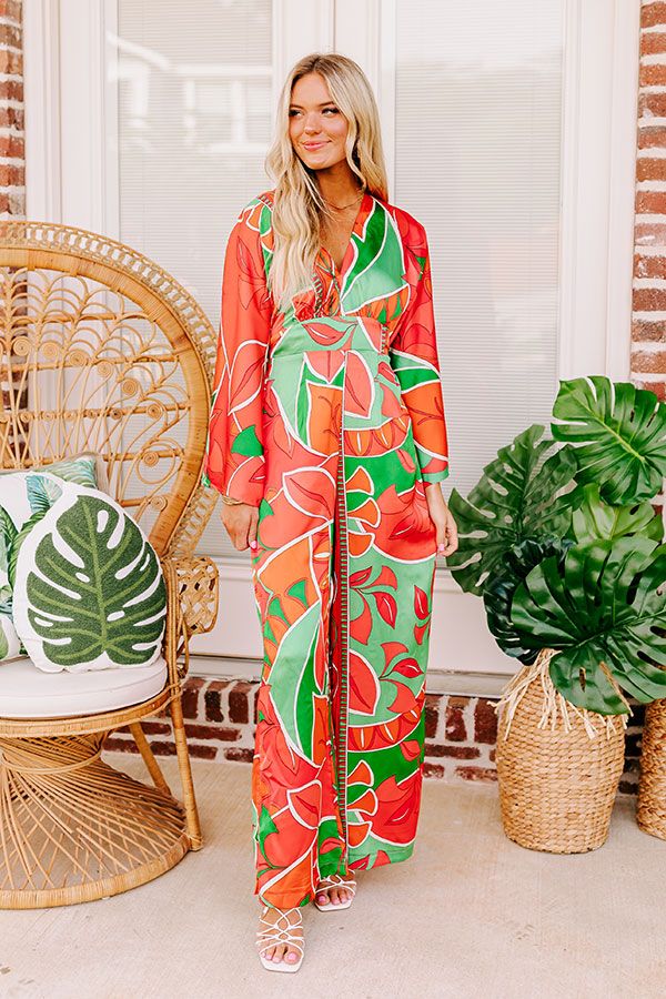 Antigua Bound Satin Jumpsuit Sunshine Vibes, Satin Jumpsuit, Steal The Spotlight, Abstract Botanical, Loose Sleeves, Orange And Green, Botanical Print, V Cut, V Cuts