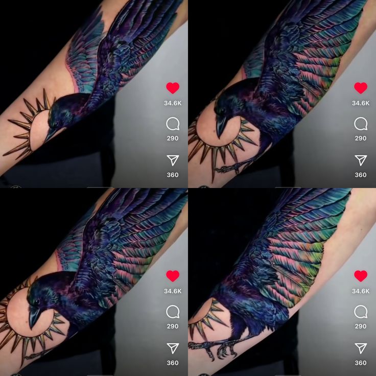 four pictures show different angles of the arm and shoulder, with an image of a bird on