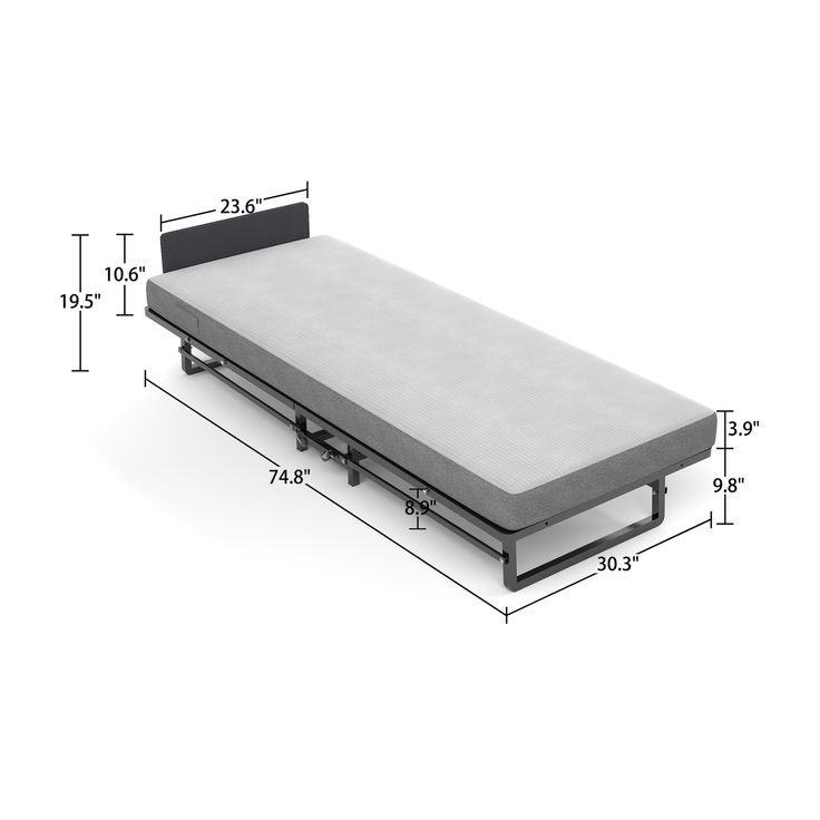 the bed frame is shown with measurements for each mattress and headboard, as well as its size